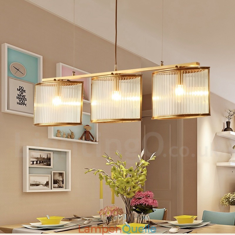 3-flammige Retro-Pendelleuchte aus rustikalem Messing mit Glasschirm