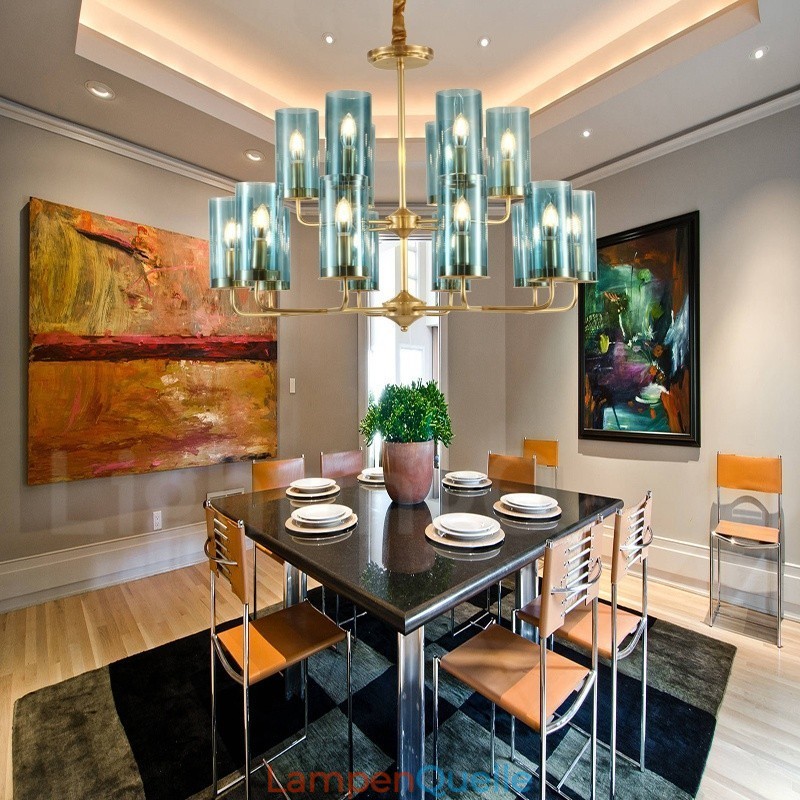 16-flammige Retro-Pendelleuchte aus rustikalem Messing mit Glasschirm