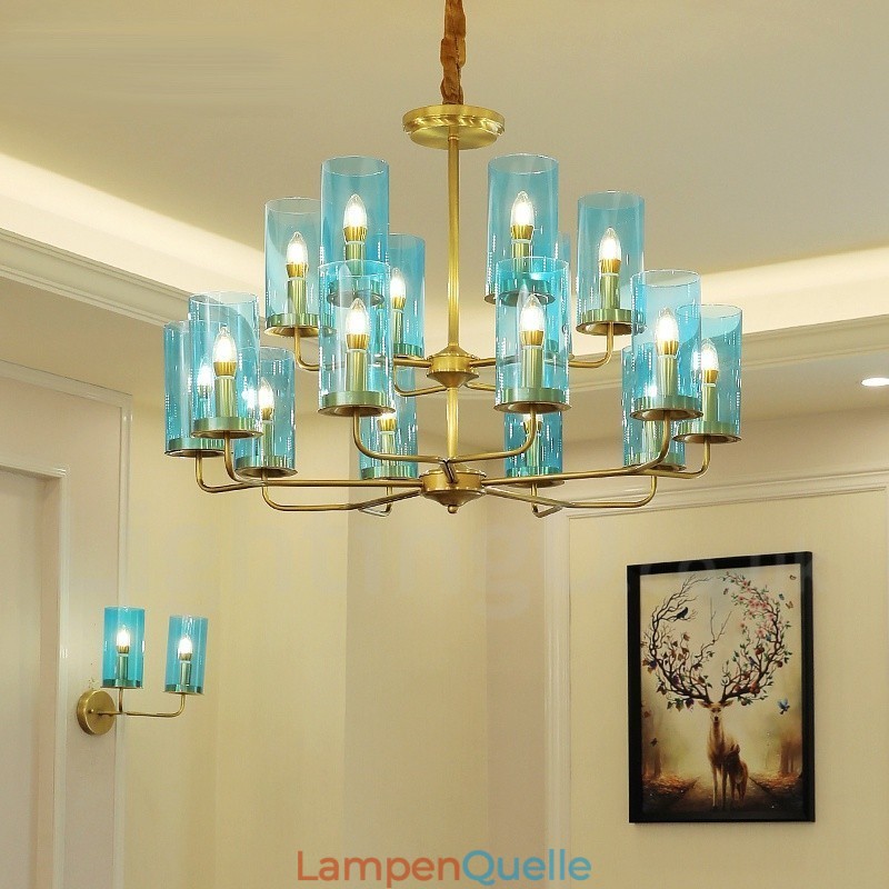 16-flammige Retro-Pendelleuchte aus rustikalem Messing mit Glasschirm