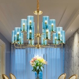 16-flammige Retro-Pendelleuchte aus rustikalem Messing mit Glasschirm