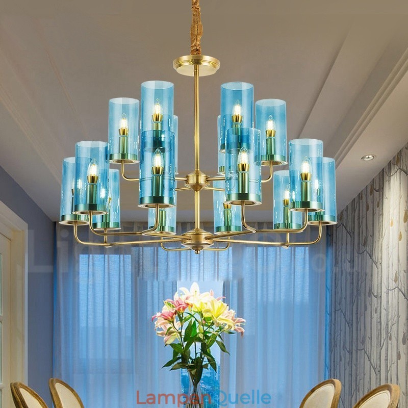 16-flammige Retro-Pendelleuchte aus rustikalem Messing mit Glasschirm