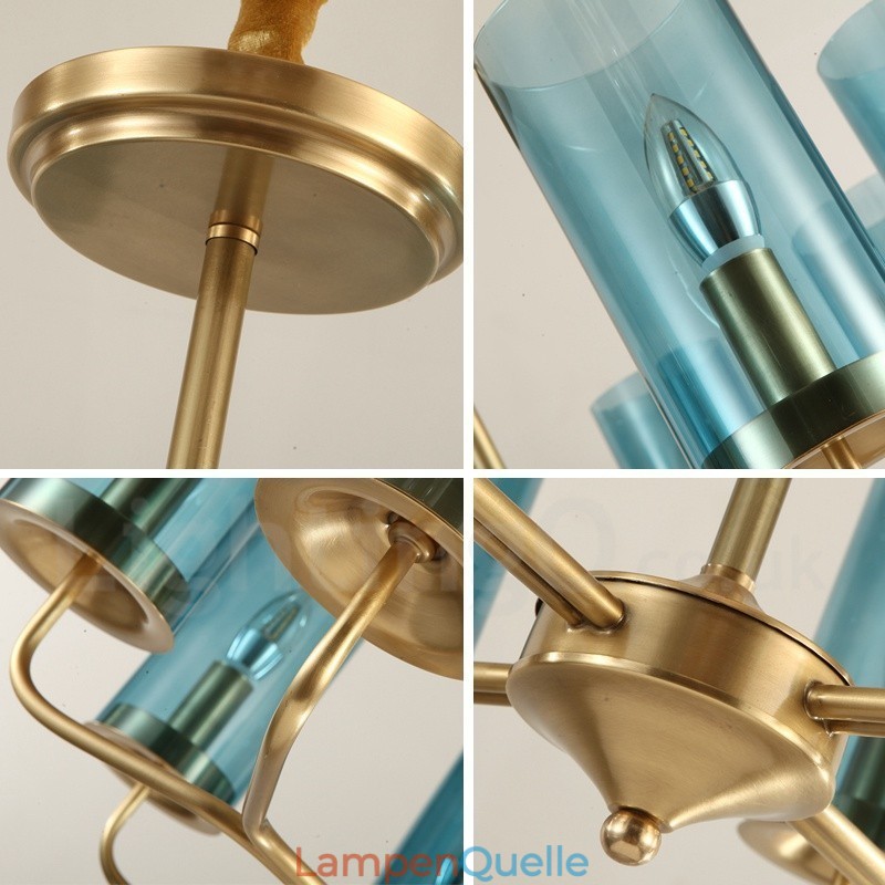 16-flammige Retro-Pendelleuchte aus rustikalem Messing mit Glasschirm