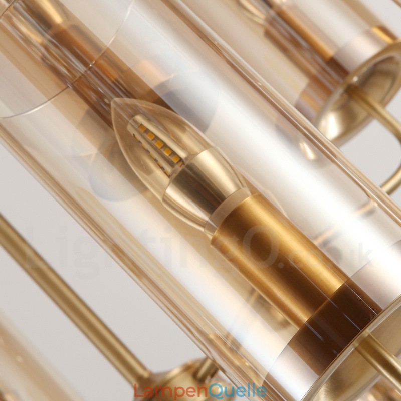 6-flammige Retro-Pendelleuchte aus rustikalem Messing mit Glasschirm