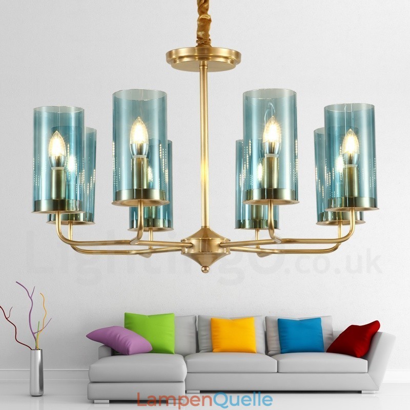 8-flammige Retro-Pendelleuchte aus rustikalem Messing mit Glasschirm