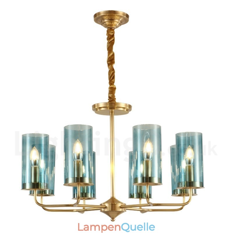 8-flammige Retro-Pendelleuchte aus rustikalem Messing mit Glasschirm