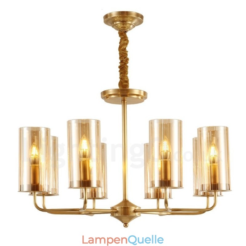 8-flammige Retro-Pendelleuchte aus rustikalem Messing mit Glasschirm