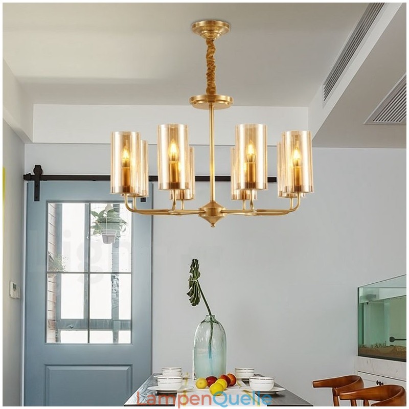 8-flammige Retro-Pendelleuchte aus rustikalem Messing mit Glasschirm