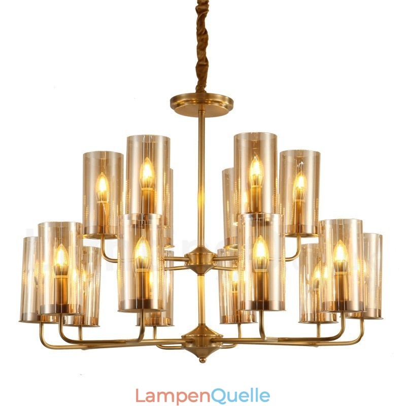16-flammige Retro-Pendelleuchte aus rustikalem Messing mit Glasschirm