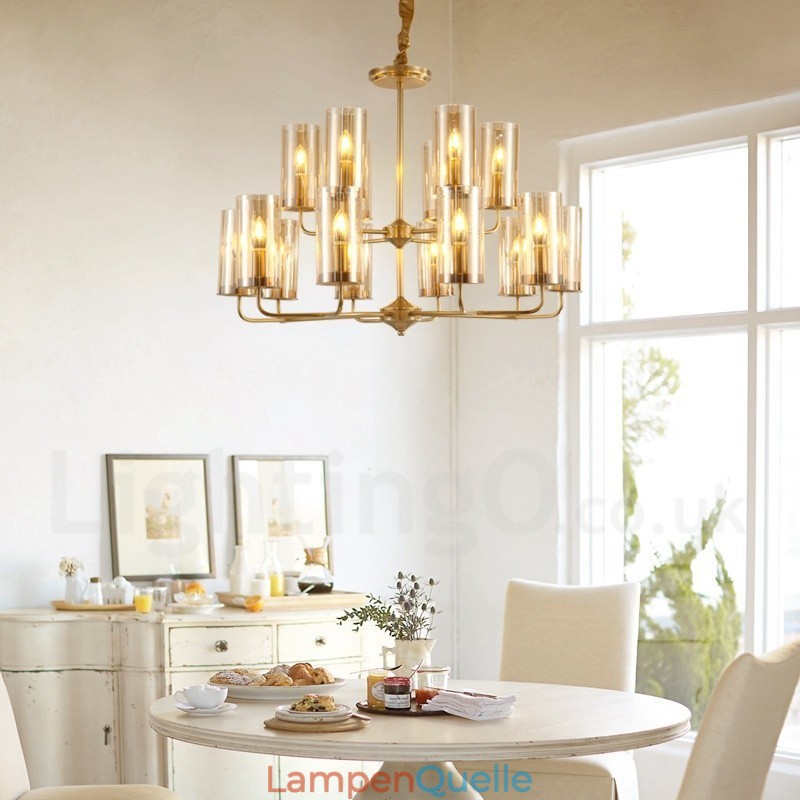 16-flammige Retro-Pendelleuchte aus rustikalem Messing mit Glasschirm
