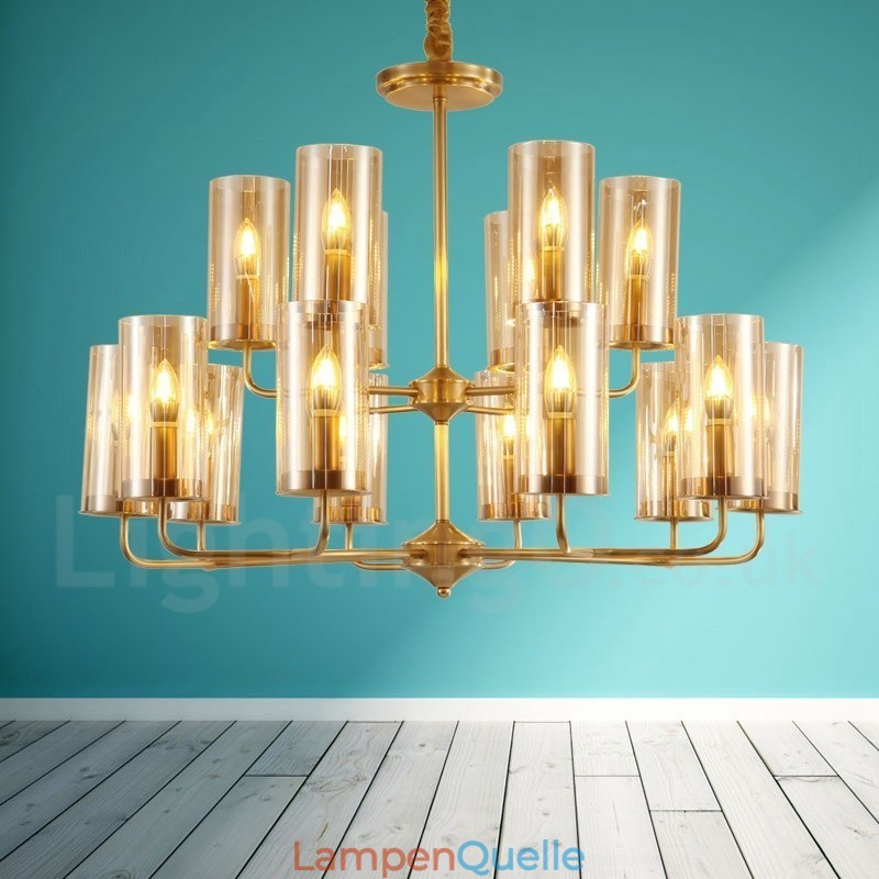 16-flammige Retro-Pendelleuchte aus rustikalem Messing mit Glasschirm