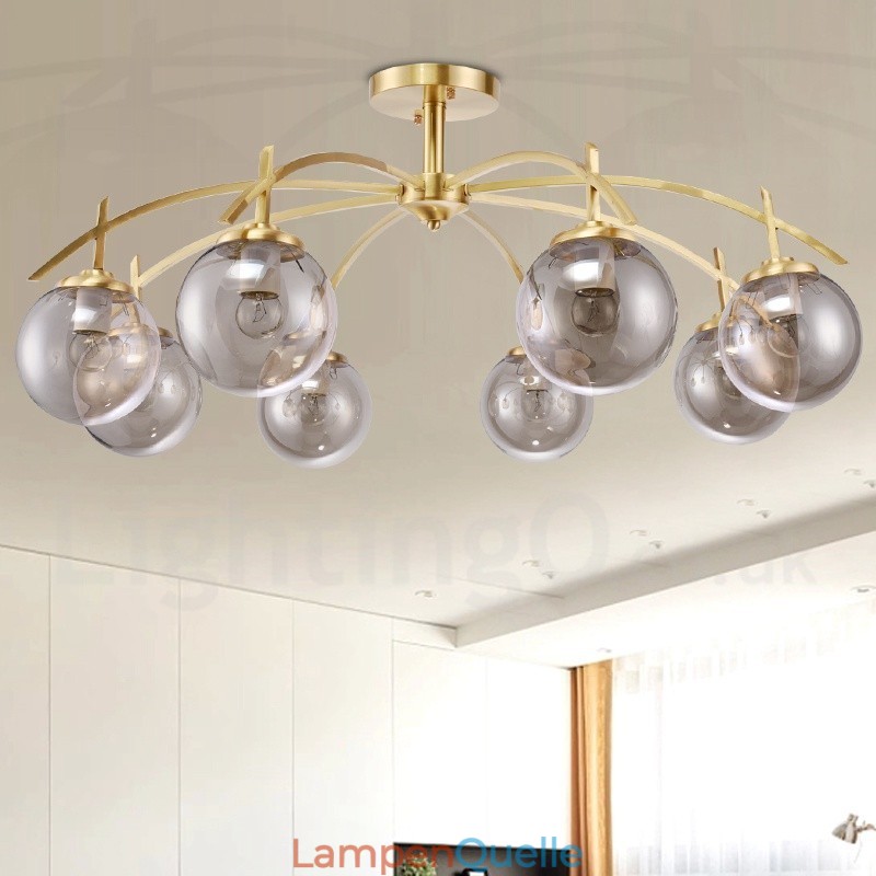 8-flammige Retro-Pendelleuchte aus rustikalem Messing mit Glasschirm