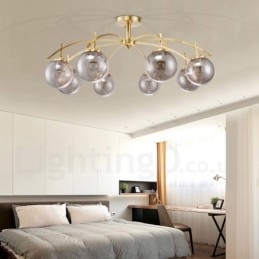 8-flammige Retro-Pendelleuchte aus rustikalem Messing mit Glasschirm