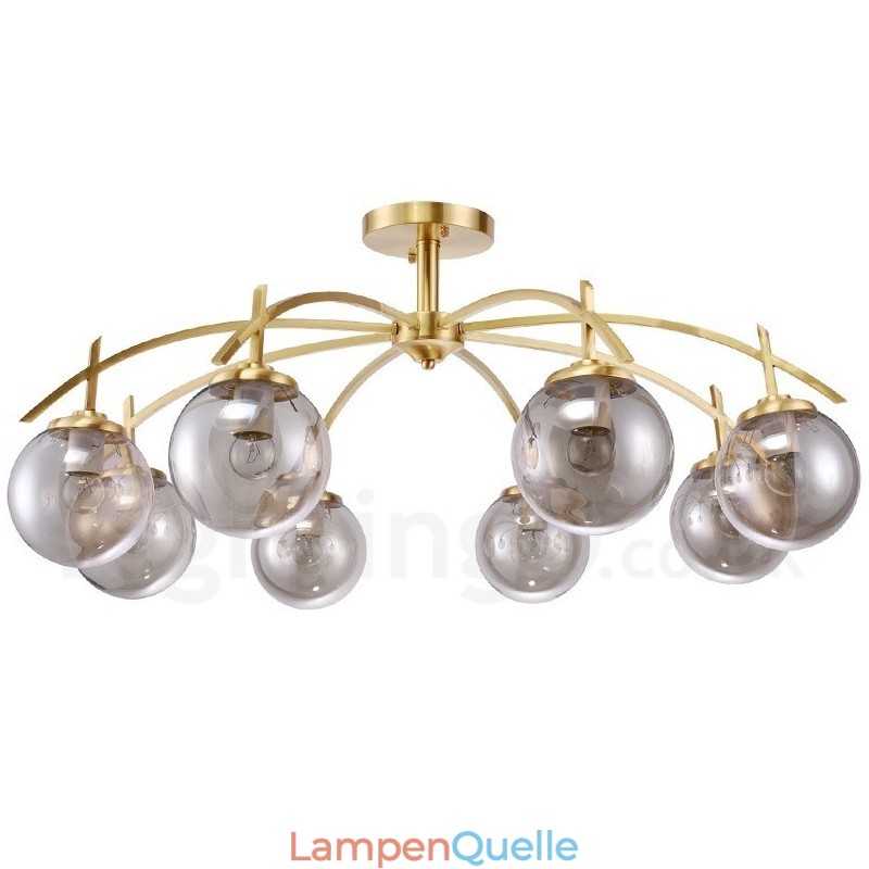 8-flammige Retro-Pendelleuchte aus rustikalem Messing mit Glasschirm