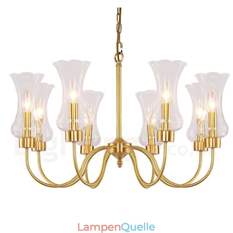 8-flammige Retro-Pendelleuchte aus rustikalem Messing mit Glasschirm