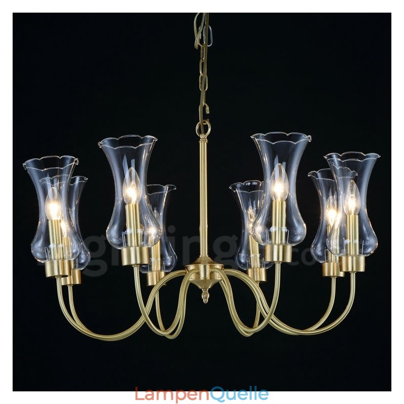 8-flammige Retro-Pendelleuchte aus rustikalem Messing mit Glasschirm