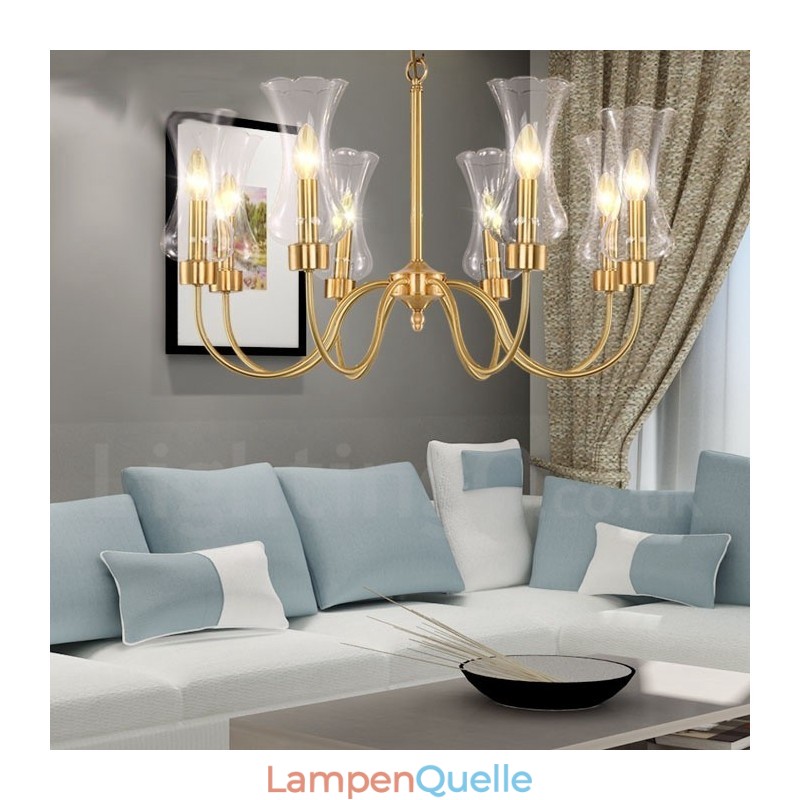 8-flammige Retro-Pendelleuchte aus rustikalem Messing mit Glasschirm