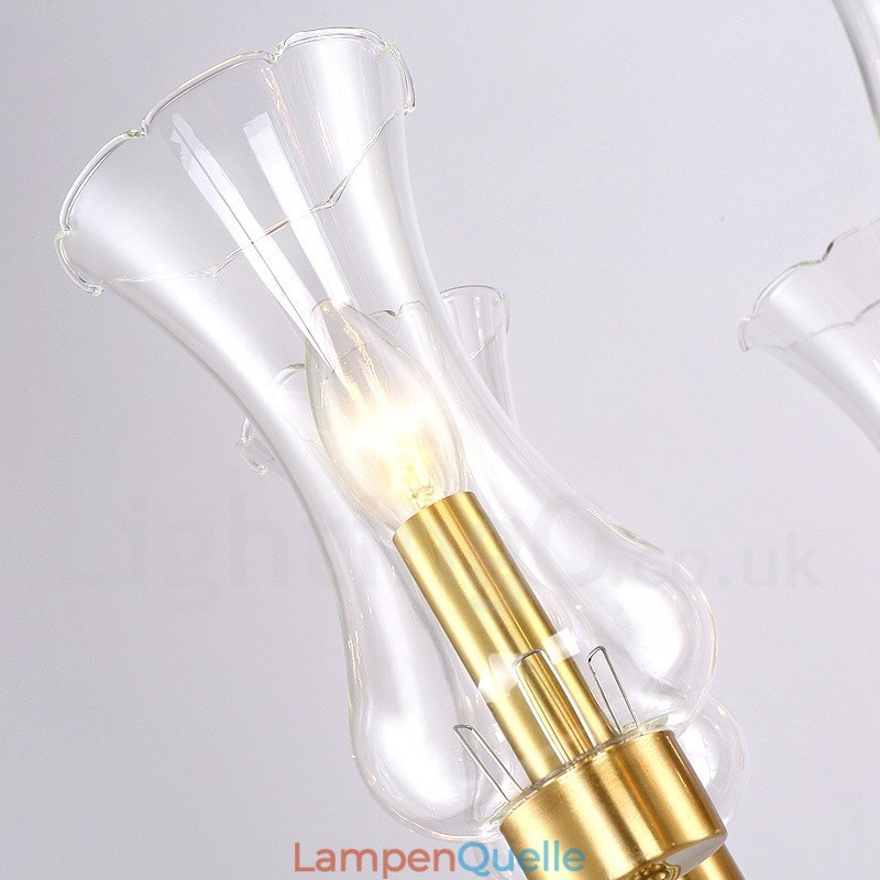 6-flammige Retro-Pendelleuchte aus rustikalem Messing mit Glasschirm