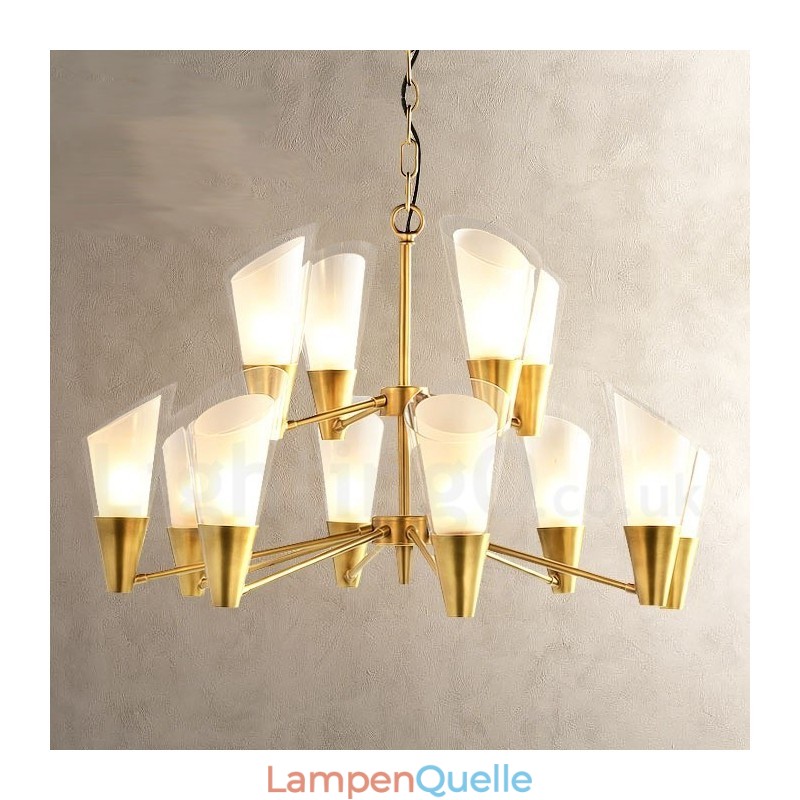 12-flammige Retro-Pendelleuchte aus rustikalem Messing mit Glasschirm