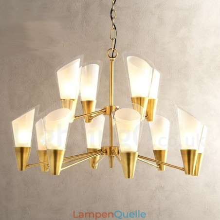 12-flammige Retro-Pendelleuchte aus rustikalem Messing mit Glasschirm 12-flammige Retro-Pendelleuchte aus rustikalem Messing mit Glasschirm
