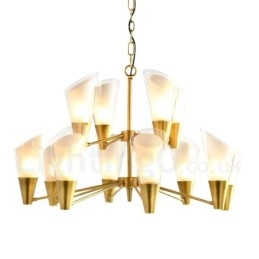 12-flammige Retro-Pendelleuchte aus rustikalem Messing mit Glasschirm