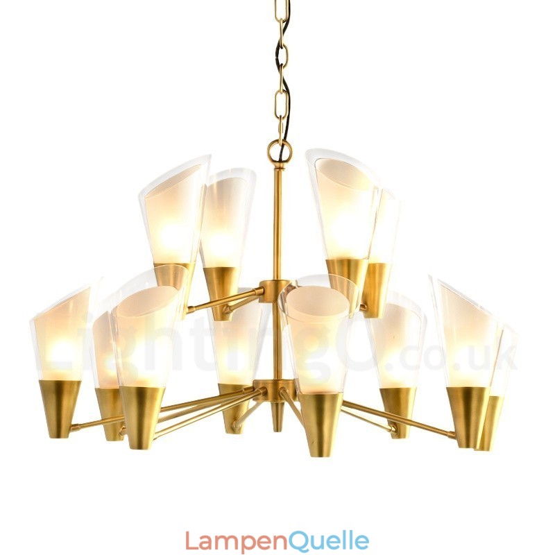 12-flammige Retro-Pendelleuchte aus rustikalem Messing mit Glasschirm