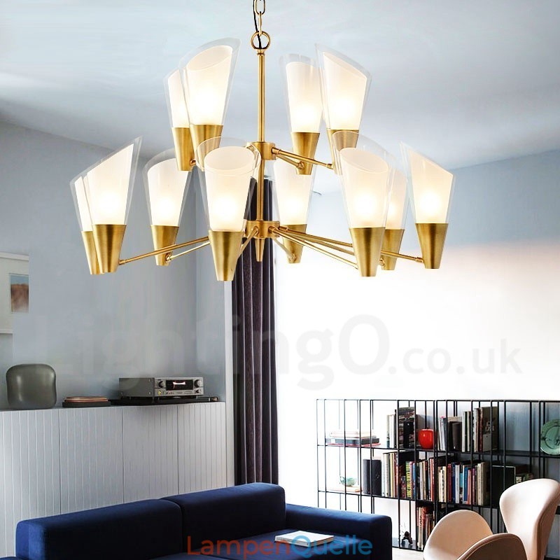 12-flammige Retro-Pendelleuchte aus rustikalem Messing mit Glasschirm