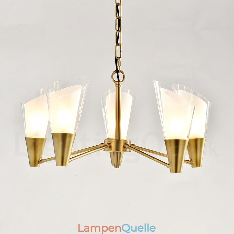 5-flammige Retro-Pendelleuchte aus rustikalem Messing mit Glasschirm