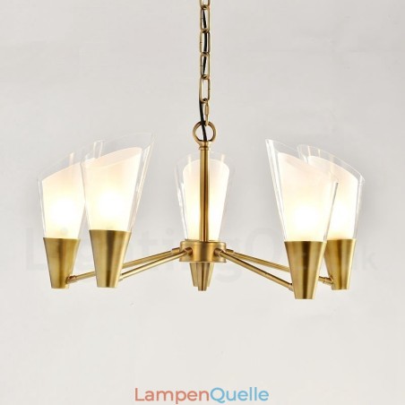 5-flammige Retro-Pendelleuchte aus rustikalem Messing mit Glasschirm 5-flammige Retro-Pendelleuchte aus rustikalem Messing mit Glasschirm