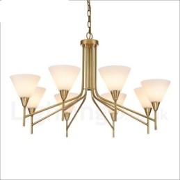 8-flammige Retro-Pendelleuchte aus rustikalem Messing mit Glasschirm