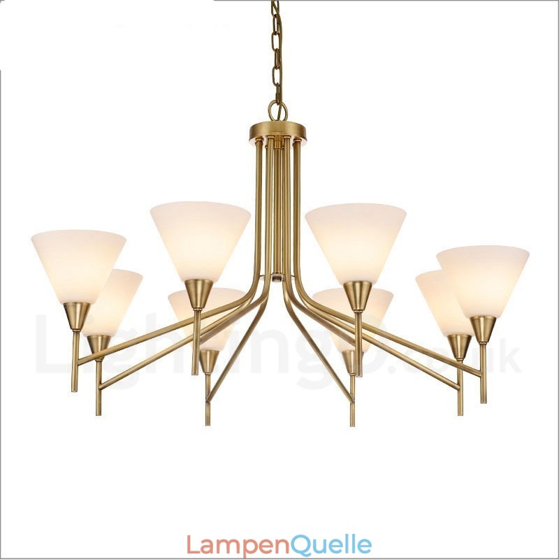 8-flammige Retro-Pendelleuchte aus rustikalem Messing mit Glasschirm