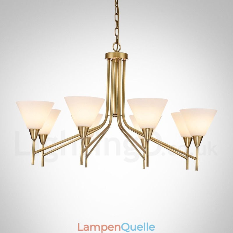 8-flammige Retro-Pendelleuchte aus rustikalem Messing mit Glasschirm