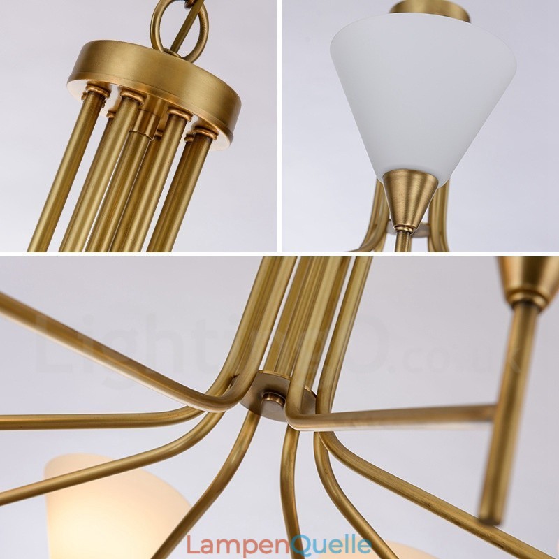 8-flammige Retro-Pendelleuchte aus rustikalem Messing mit Glasschirm