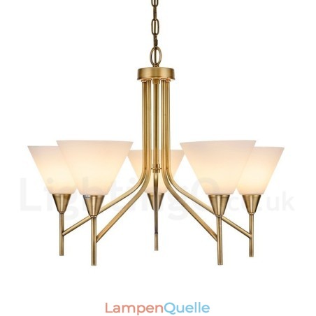 5-flammige Retro-Pendelleuchte aus rustikalem Messing mit Glasschirm 5-flammige Retro-Pendelleuchte aus rustikalem Messing mit Glasschirm