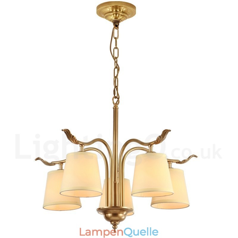 5-flammige Retro-Pendelleuchte aus rustikalem Messing mit Stoffschirm