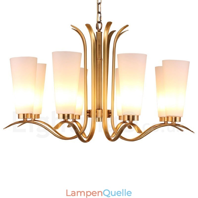 8-flammige Retro-Pendelleuchte aus rustikalem Messing mit Glasschirm
