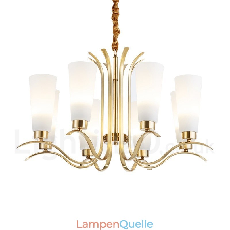 8-flammige Retro-Pendelleuchte aus rustikalem Messing mit Glasschirm