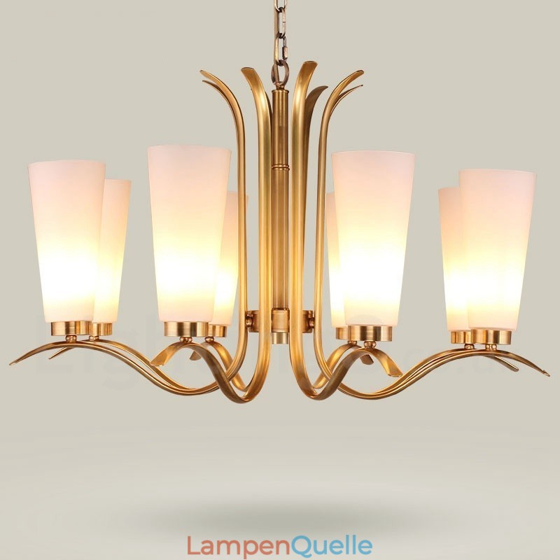 8-flammige Retro-Pendelleuchte aus rustikalem Messing mit Glasschirm