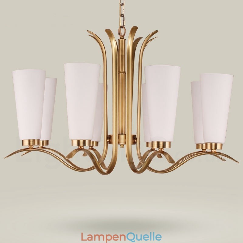 8-flammige Retro-Pendelleuchte aus rustikalem Messing mit Glasschirm