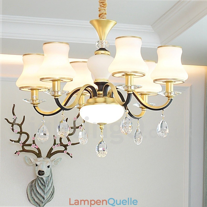 6-flammige Retro-Pendelleuchte aus Kristallglas mit rustikalem Luxus-Kronleuchter und Glasschirm