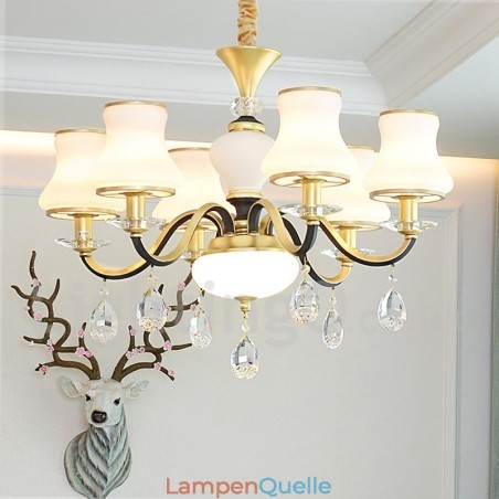 6-flammige Retro-Pendelleuchte aus Kristallglas mit rustikalem Luxus-Kronleuchter und Glasschirm 6-flammige Retro-Pendelleuchte aus Kristallglas mit rustikalem Luxus-Kronleuchter und Glasschirm