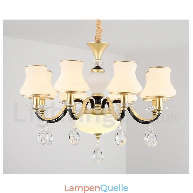 8-flammige Retro-Pendelleuchte im rustikalen Stil mit Kristallglasschirm