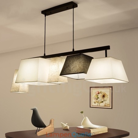 Moderne zeitgenössische 5-flammige Pendelleuchte aus Stahl mit Stoffschirm Moderne zeitgenössische 5-flammige Pendelleuchte aus Stahl mit Stoffschirm