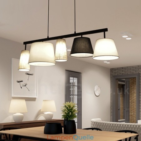 Moderne zeitgenössische 5-flammige Pendelleuchte aus Stahl mit Stoffschirm Moderne zeitgenössische 5-flammige Pendelleuchte aus Stahl mit Stoffschirm