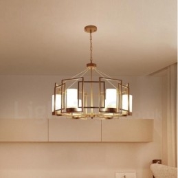 Moderne zeitgenössische 6-flammige Pendelleuchte aus Messing mit Glasschirm