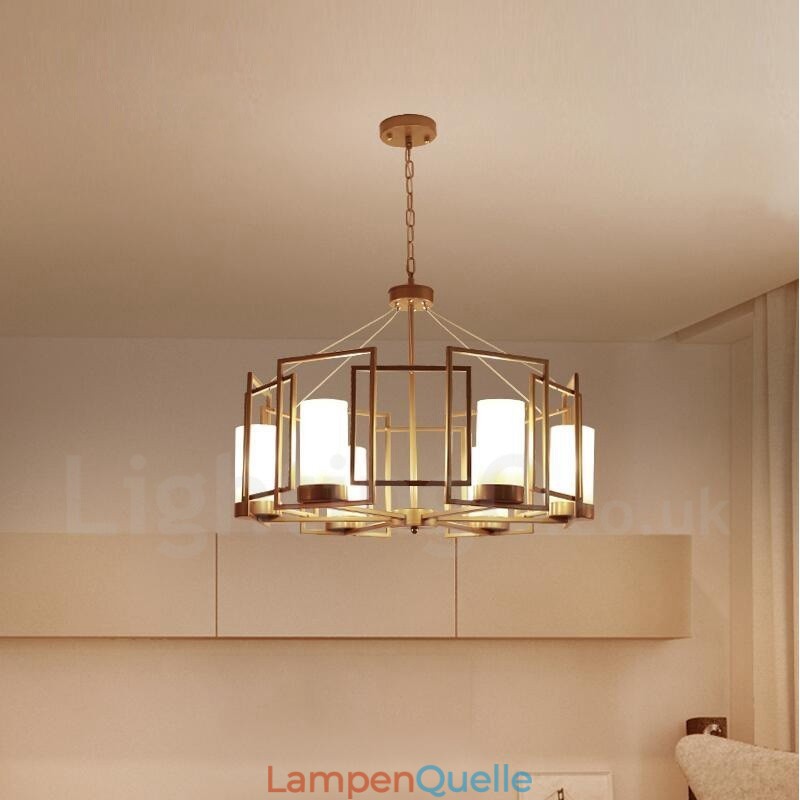 Moderne zeitgenössische 6-flammige Pendelleuchte aus Messing mit Glasschirm