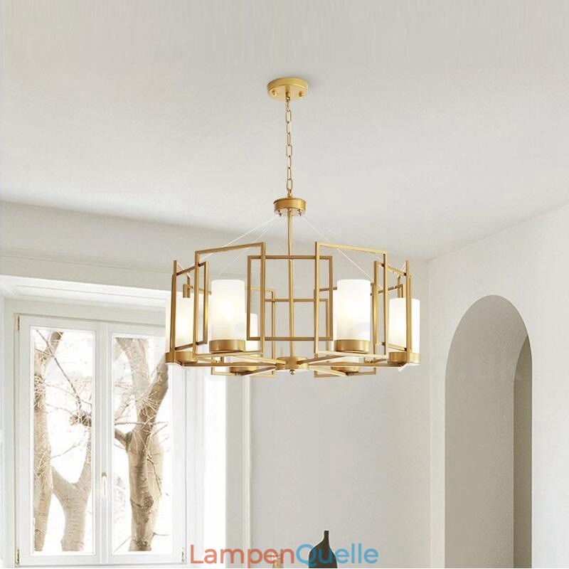 Moderne zeitgenössische 6-flammige Pendelleuchte aus Messing mit Glasschirm