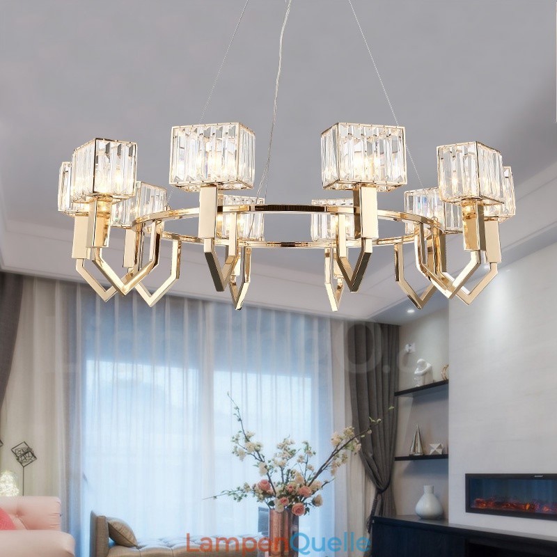 Moderne zeitgenössische 10-flammige Pendelleuchte aus Stahl mit Kristallschirm