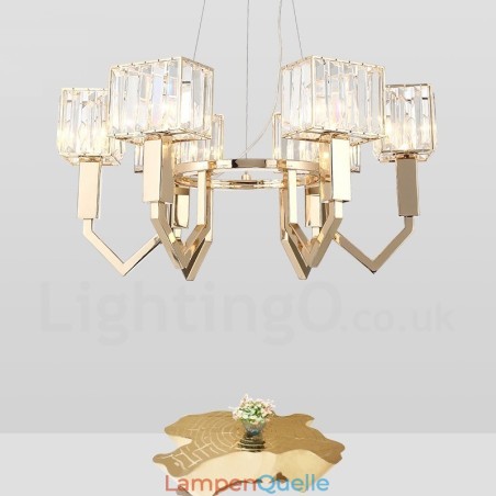 Moderne zeitgenössische 6-flammige Pendelleuchte aus Stahl mit Kristallschirm Moderne zeitgenössische 6-flammige Pendelleuchte aus Stahl mit Kristallschirm