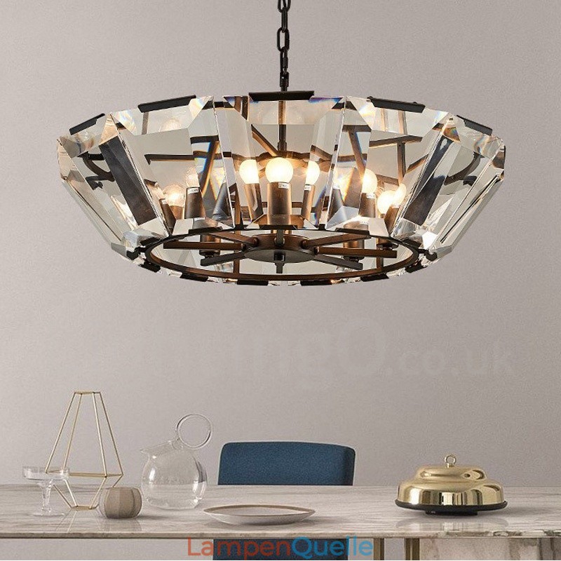 Moderne zeitgenössische 8-flammige Pendelleuchte aus Stahl mit Kristallglas-Schirm