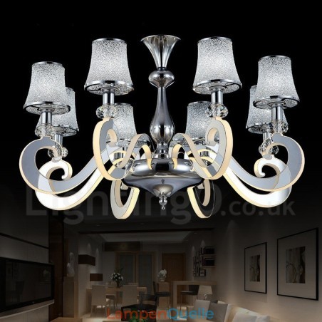 Dimmbarer moderner zeitgenössischer Kronleuchter aus Stahl mit 8 Lichtern und Glasschirm Dimmbarer moderner zeitgenössischer Kronleuchter aus Stahl mit 8 Lichtern und Glasschirm